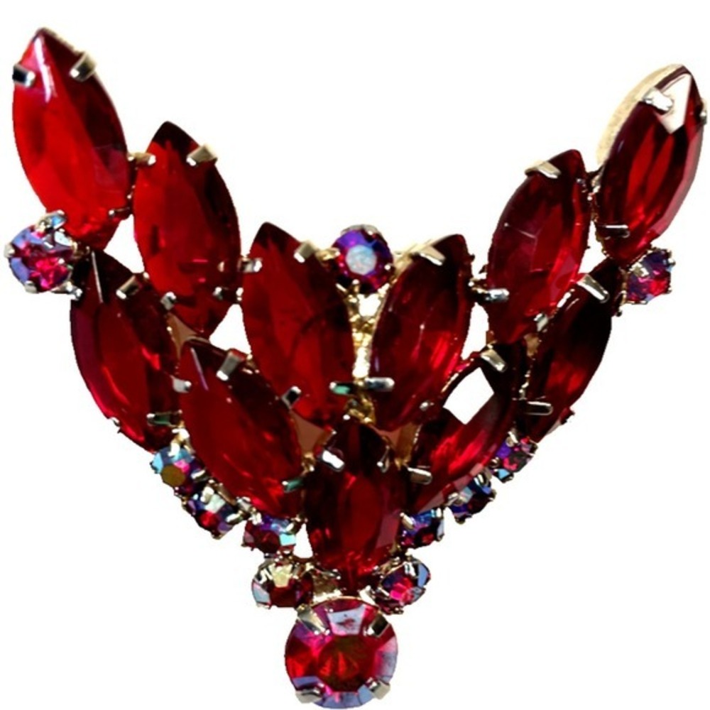 Vintage Red Rhinestone Brooch Pin Aurora Borealis Deep Red Prong Set 2 X 2" READ